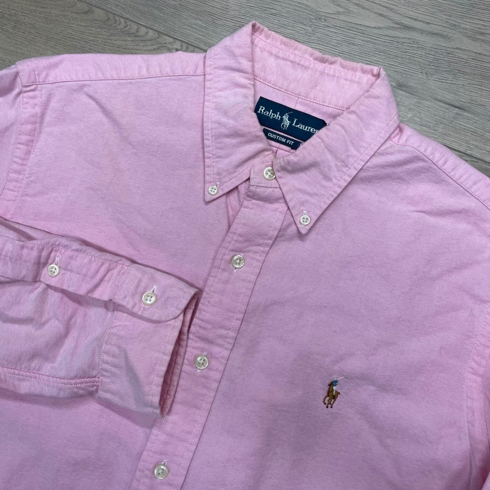 Ralph Lauren Button Down Shirt Men Large Pink Custom Fit Long Sleeve Oxford FAIR